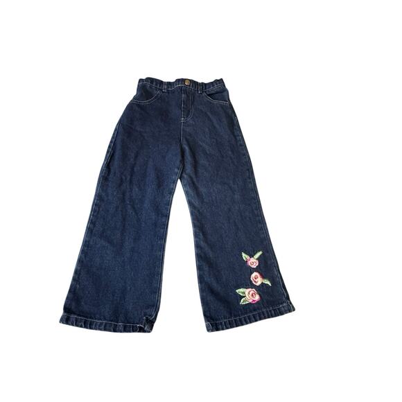 Sz 4T Vintage Fisher Price Denim Wide Leg Jeans Pink Embroidered Flowers 90s Y2K - Picture 1 of 9